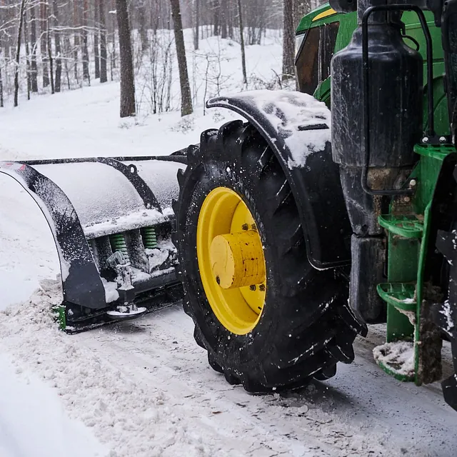 Grønn traktor med snøskjær rydder vei i et snødekt skogsområde.